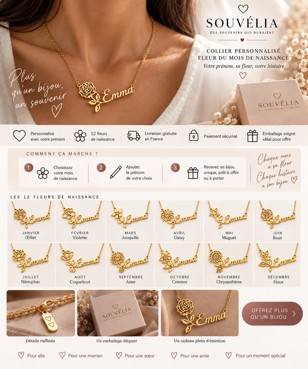 Collier Fleur de Naissance Personnalisé – SOUVÉLIA 🌸
